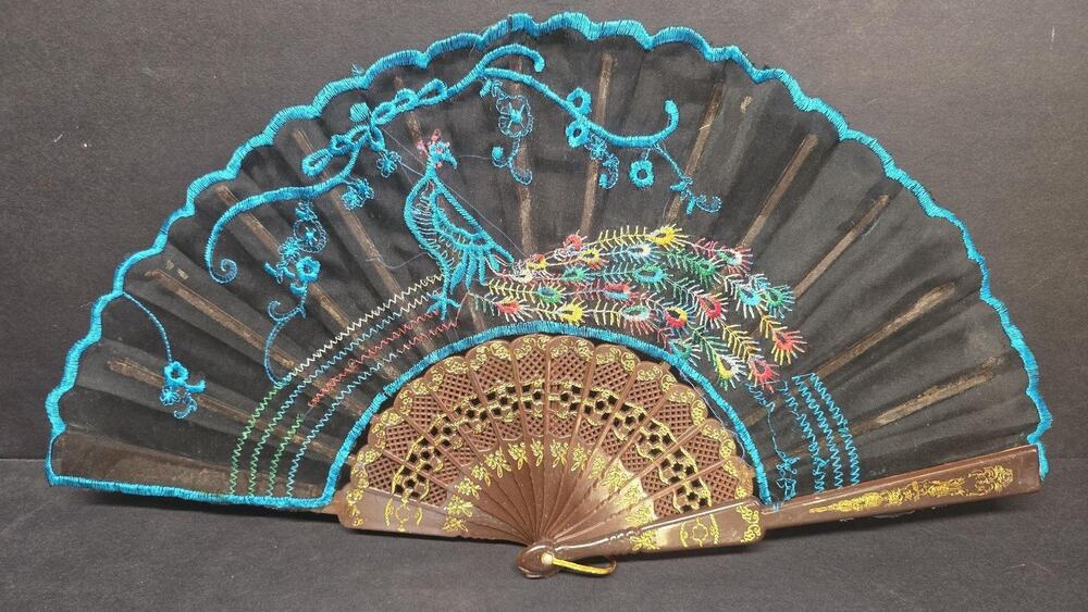 Nippon Japan Black Peacock Folding Hand Fan Embroidered Lace Plastic Decor
